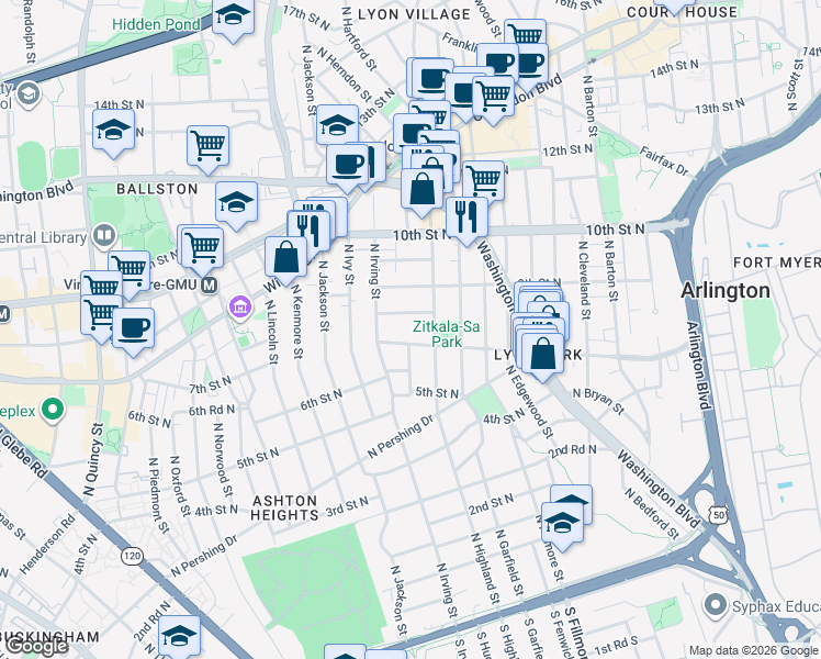 map of restaurants, bars, coffee shops, grocery stores, and more near 3123 7th Street North in Arlington