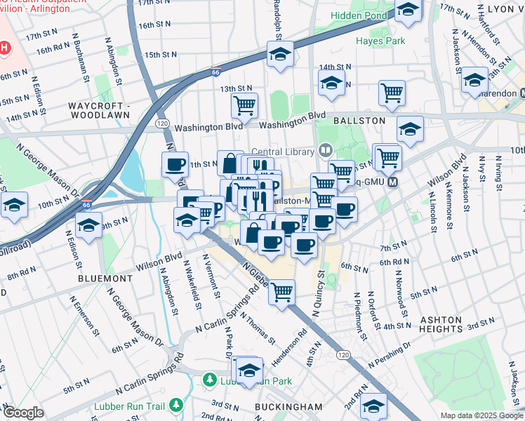map of restaurants, bars, coffee shops, grocery stores, and more near 901 North Stuart Street in Arlington