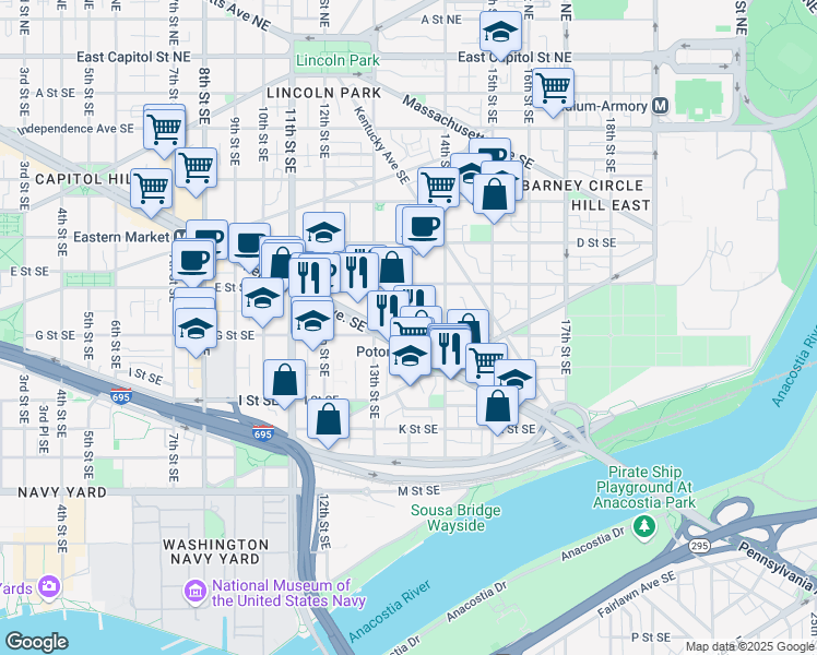 map of restaurants, bars, coffee shops, grocery stores, and more near 1338 G Street Southeast in Washington