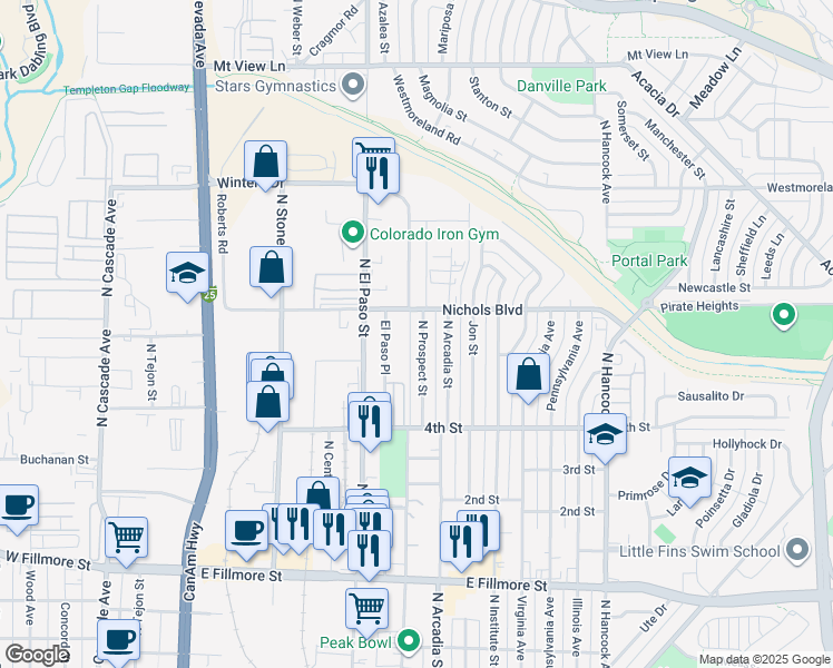 map of restaurants, bars, coffee shops, grocery stores, and more near 3314 North Prospect Street in Colorado Springs
