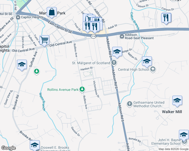 map of restaurants, bars, coffee shops, grocery stores, and more near 530 Victorianna Drive in Capitol Heights