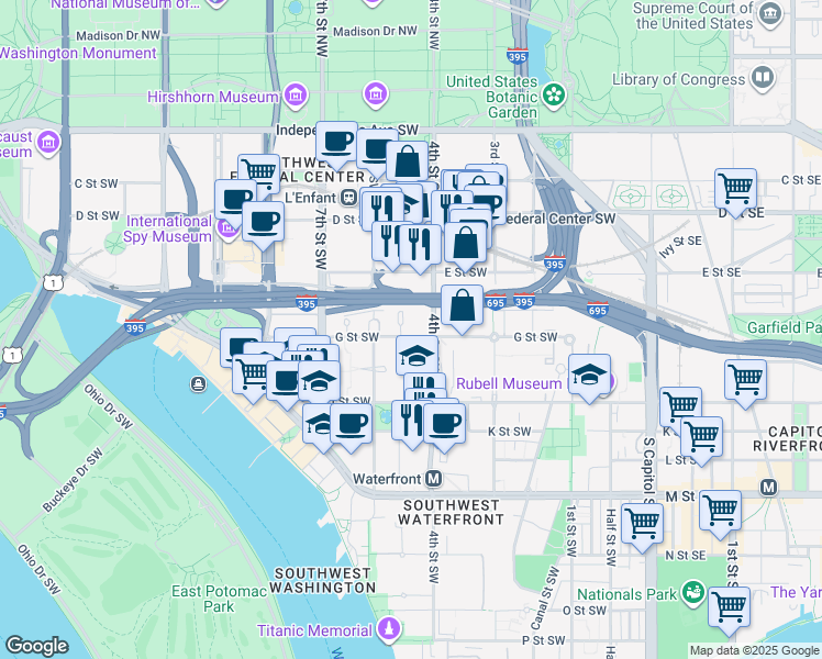 map of restaurants, bars, coffee shops, grocery stores, and more near 101 Independence Avenue Southeast in Washington
