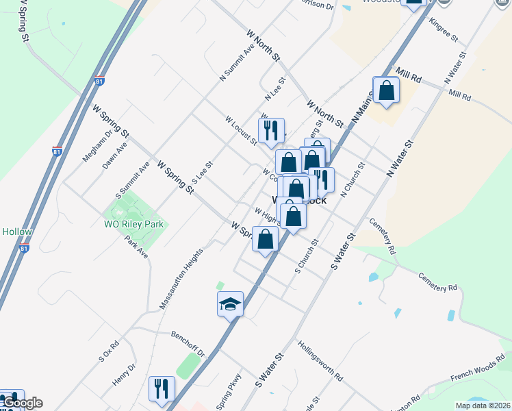 map of restaurants, bars, coffee shops, grocery stores, and more near 159 South Commerce Street in Woodstock