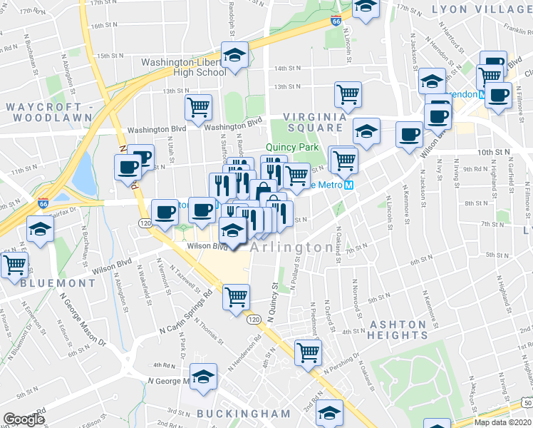 map of restaurants, bars, coffee shops, grocery stores, and more near 928 North Randolph Street in Arlington