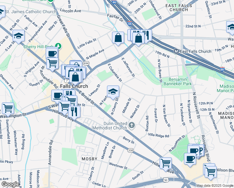 map of restaurants, bars, coffee shops, grocery stores, and more near 219 North Cherry Street in Falls Church