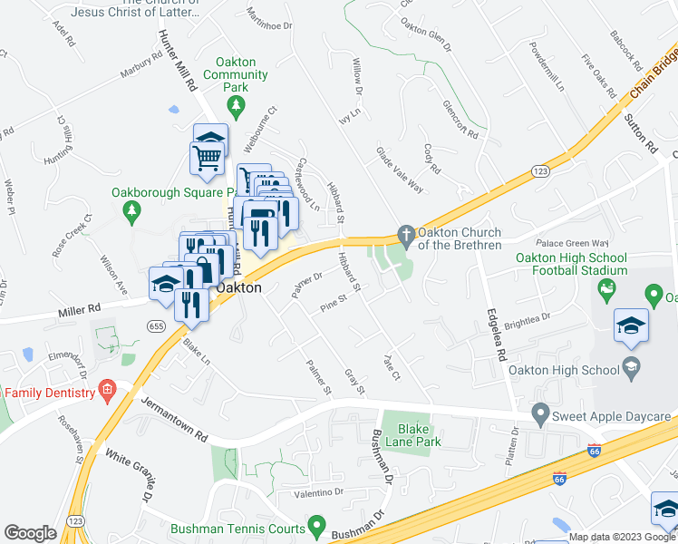 map of restaurants, bars, coffee shops, grocery stores, and more near 2882 Hibbard Street in Oakton