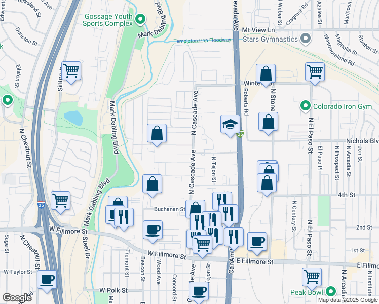 map of restaurants, bars, coffee shops, grocery stores, and more near 3408 North Cascade Avenue in Colorado Springs