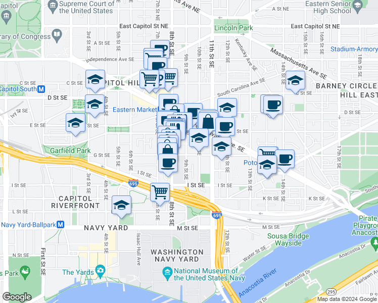 map of restaurants, bars, coffee shops, grocery stores, and more near 536 9th Street Southeast in Washington