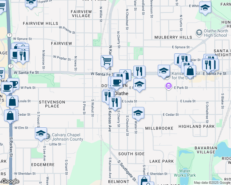 map of restaurants, bars, coffee shops, grocery stores, and more near 111 South Cherry Street in Olathe