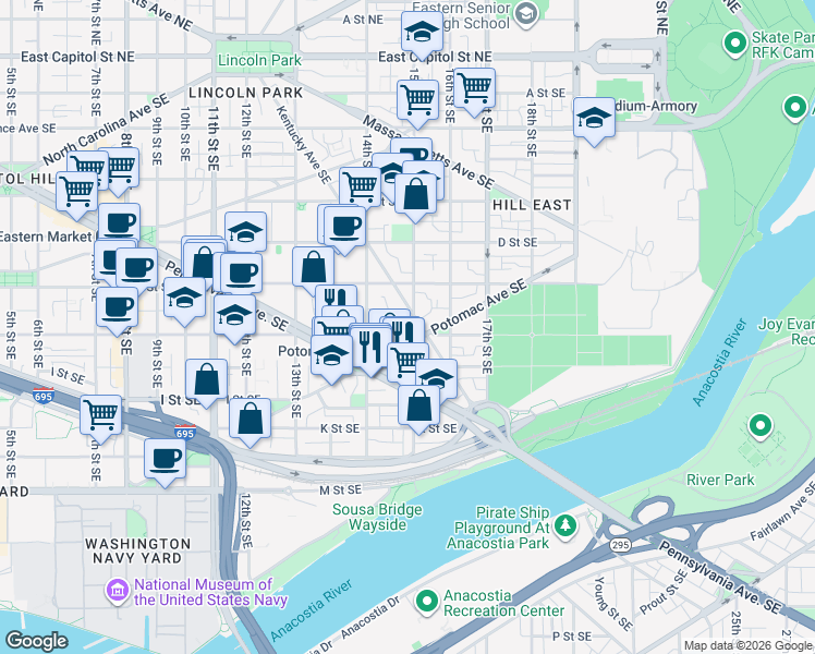 map of restaurants, bars, coffee shops, grocery stores, and more near 101 Independence Avenue Southeast in Washington