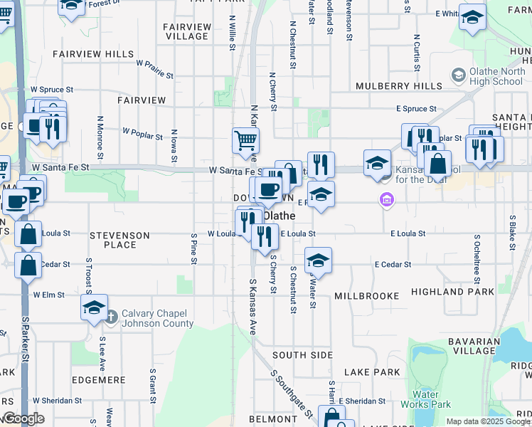 map of restaurants, bars, coffee shops, grocery stores, and more near 111 South Cherry Street in Olathe