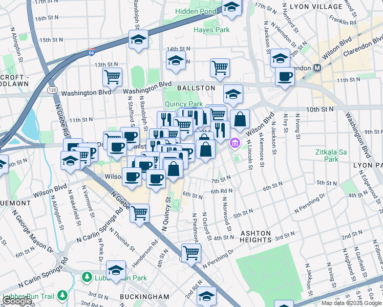 map of restaurants, bars, coffee shops, grocery stores, and more near 3835 9th Street North in Arlington