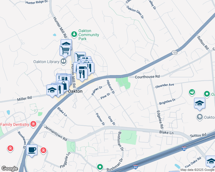map of restaurants, bars, coffee shops, grocery stores, and more near 2882 Hibbard Street in Oakton