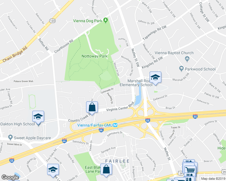 map of restaurants, bars, coffee shops, grocery stores, and more near 2702 Chanbourne Way in Vienna