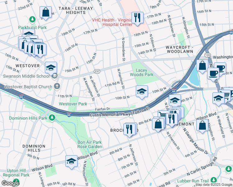 map of restaurants, bars, coffee shops, grocery stores, and more near 5426 11th Street North in Arlington