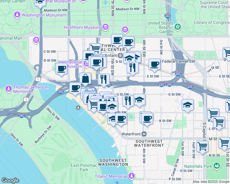 map of restaurants, bars, coffee shops, grocery stores, and more near 610 7th Street Southwest in Washington