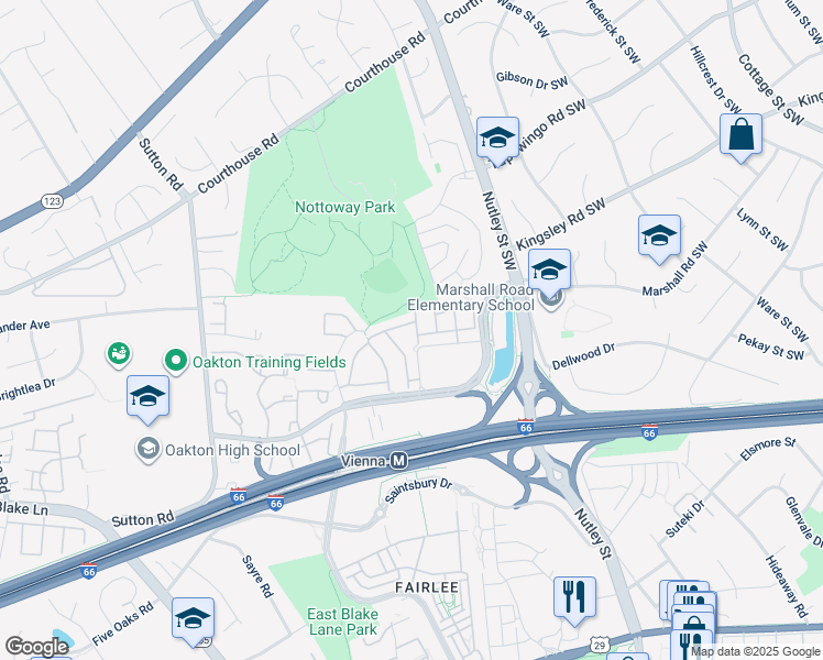 map of restaurants, bars, coffee shops, grocery stores, and more near 2702 Chanbourne Way in Vienna