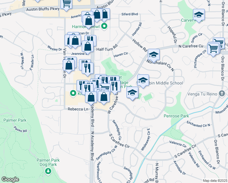 map of restaurants, bars, coffee shops, grocery stores, and more near 3589 North Carefree Circle in Colorado Springs