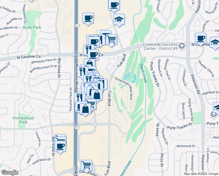 map of restaurants, bars, coffee shops, grocery stores, and more near 3527 Tutt Boulevard in Colorado Springs
