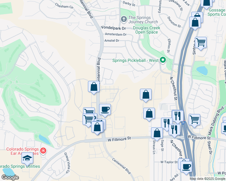 map of restaurants, bars, coffee shops, grocery stores, and more near 3562 Rialto Heights in Colorado Springs