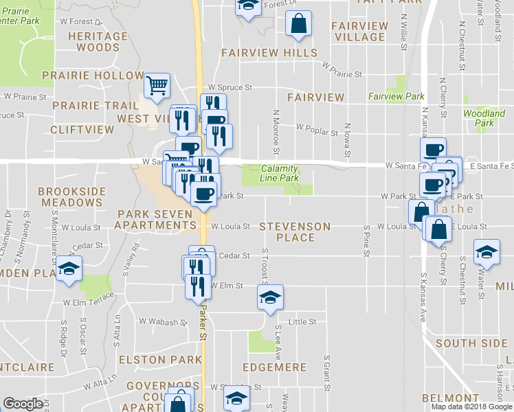 map of restaurants, bars, coffee shops, grocery stores, and more near 701 West Park Street in Olathe