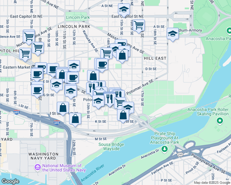 map of restaurants, bars, coffee shops, grocery stores, and more near 1430 G Street Southeast in Washington