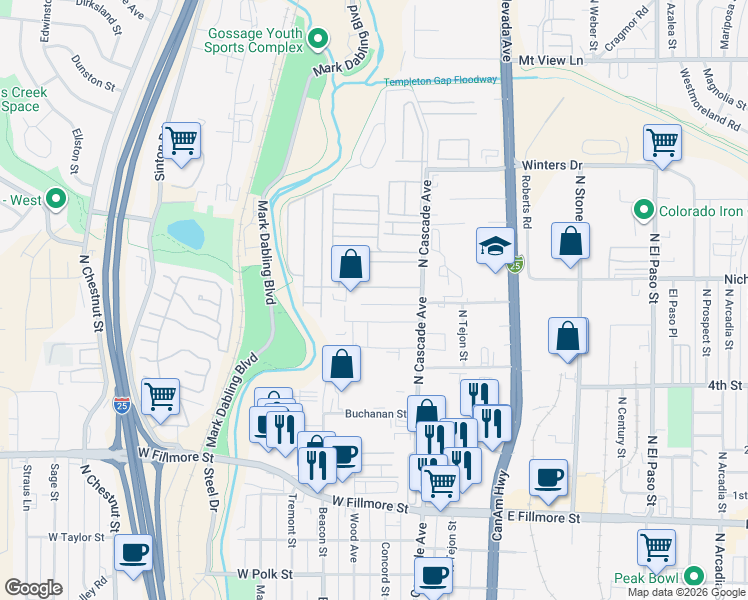 map of restaurants, bars, coffee shops, grocery stores, and more near 35 Sunflower Road in Colorado Springs