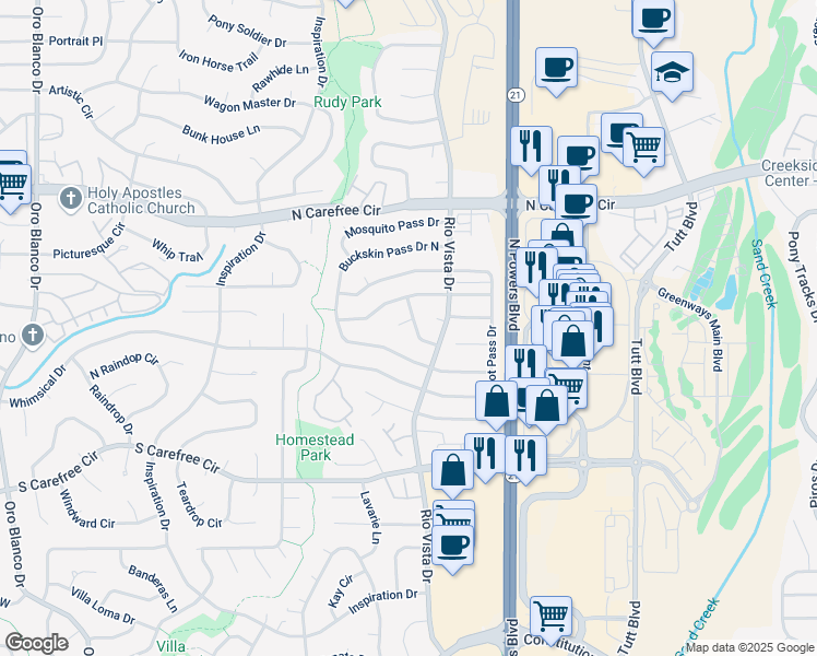 map of restaurants, bars, coffee shops, grocery stores, and more near 5545 Calico Pass Court in Colorado Springs