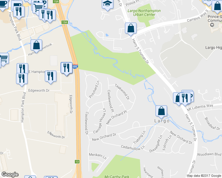 map of restaurants, bars, coffee shops, grocery stores, and more near 602 Castlewood Pl in Upper Marlboro