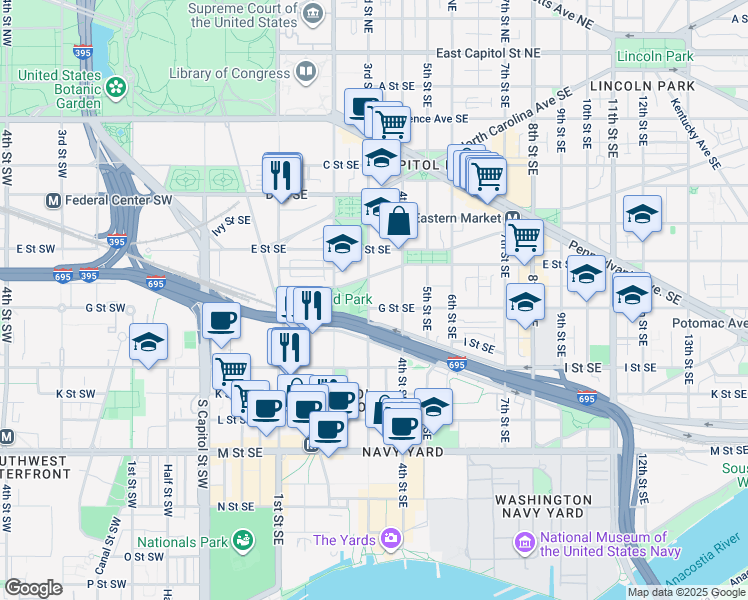 map of restaurants, bars, coffee shops, grocery stores, and more near 302 G Street Southeast in Washington