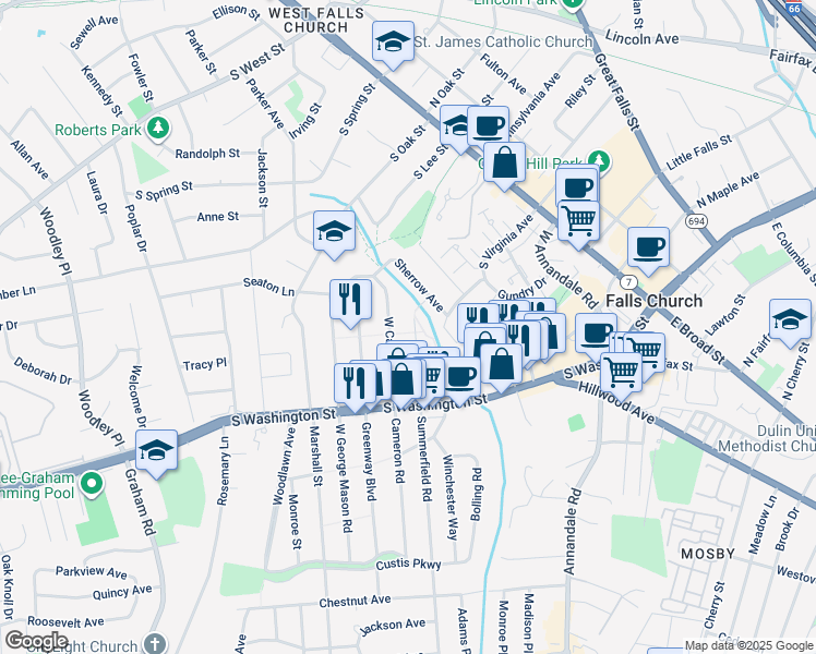 map of restaurants, bars, coffee shops, grocery stores, and more near 203 West Westmoreland Road in Falls Church