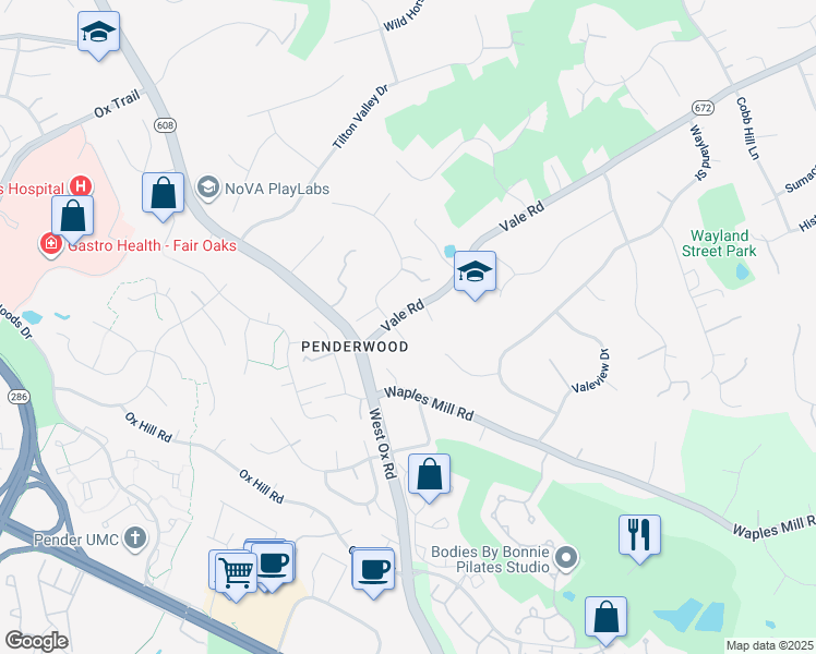 map of restaurants, bars, coffee shops, grocery stores, and more near 12202 Fox Valley Court in Oakton