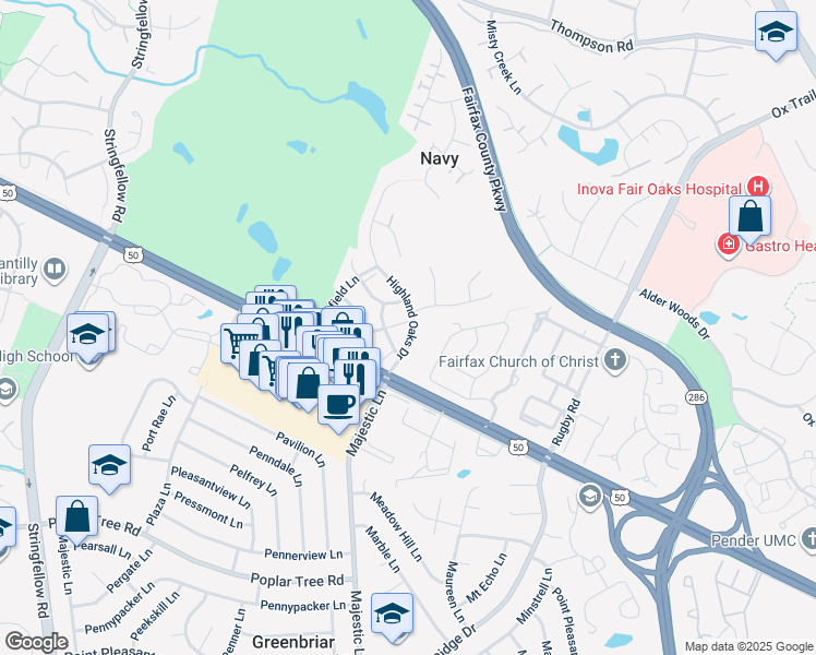 map of restaurants, bars, coffee shops, grocery stores, and more near 4038 Royal Lytham Dr in Fairfax