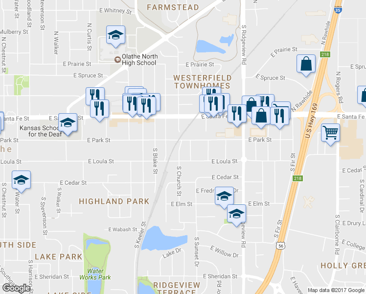 map of restaurants, bars, coffee shops, grocery stores, and more near 116 South Church Street in Olathe