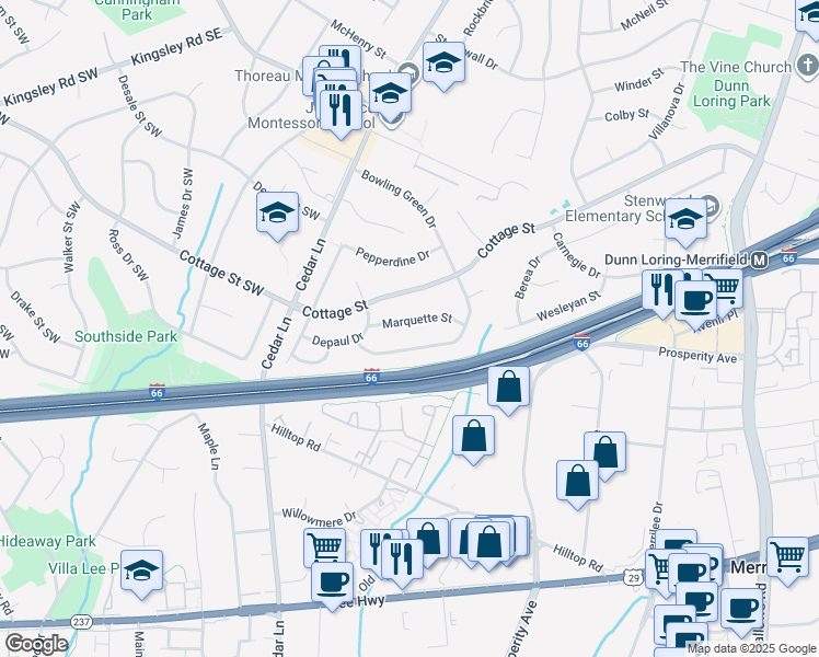 map of restaurants, bars, coffee shops, grocery stores, and more near 8515 Marquette Street in Vienna