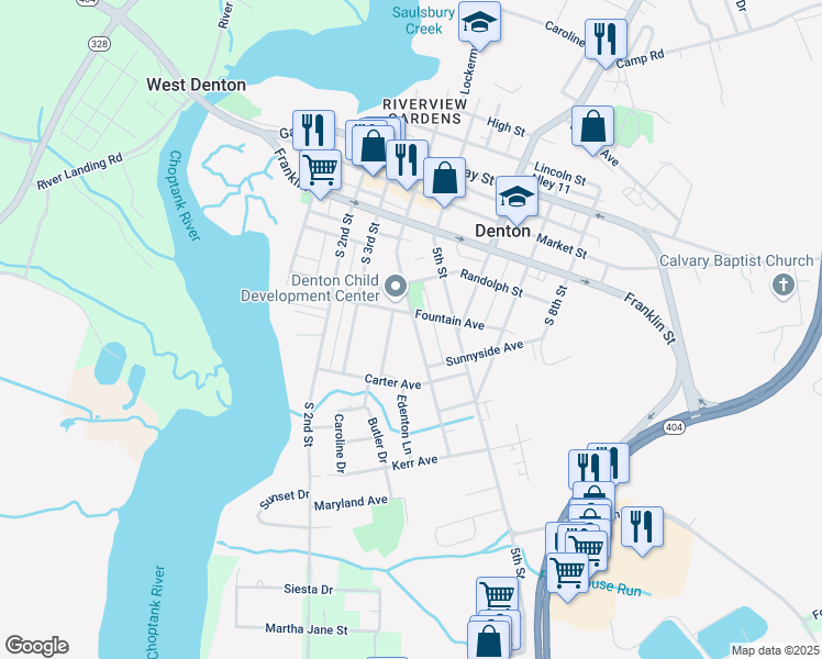 map of restaurants, bars, coffee shops, grocery stores, and more near 306 South 4th Street in Denton