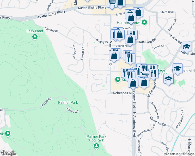 map of restaurants, bars, coffee shops, grocery stores, and more near 3510 Knoll Lane in Colorado Springs