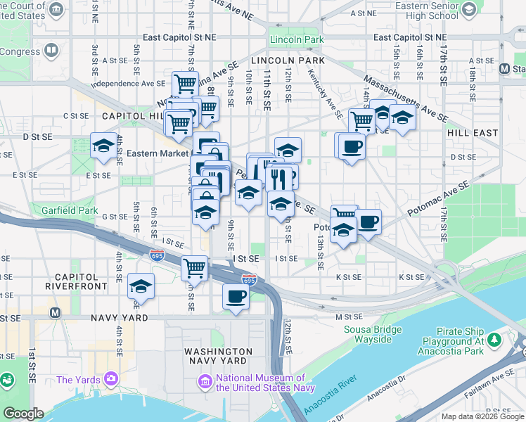 map of restaurants, bars, coffee shops, grocery stores, and more near 101 Independence Avenue Southeast in Washington