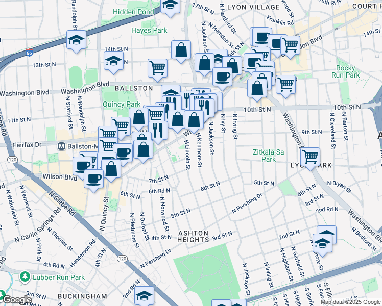 map of restaurants, bars, coffee shops, grocery stores, and more near 807 North Lincoln Street in Arlington