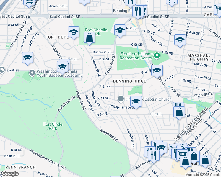 map of restaurants, bars, coffee shops, grocery stores, and more near 4367 F Street Southeast in Washington
