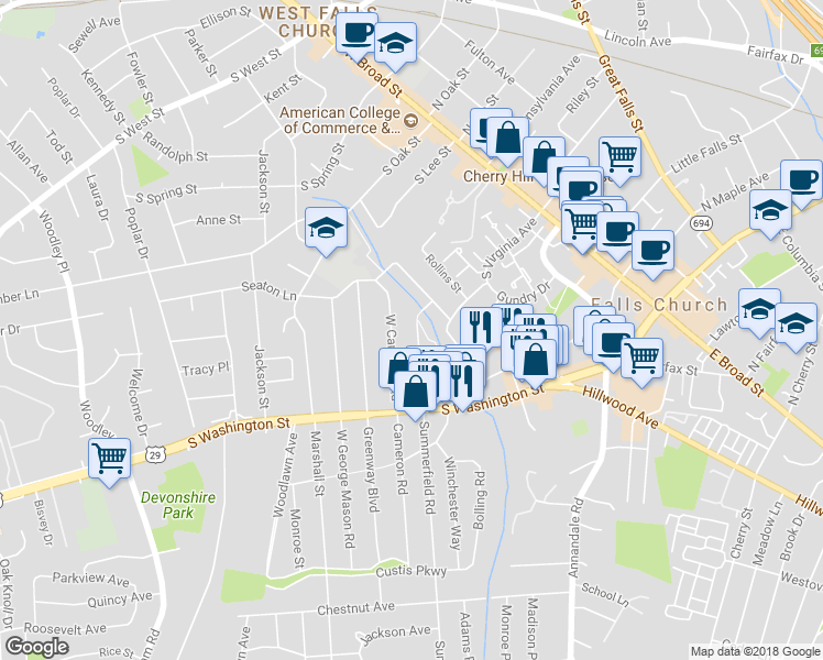 map of restaurants, bars, coffee shops, grocery stores, and more near 203 West Westmoreland Road in Falls Church