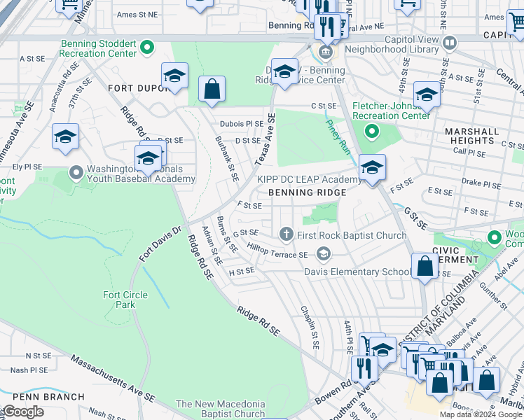 map of restaurants, bars, coffee shops, grocery stores, and more near 4367 F Street Southeast in Washington