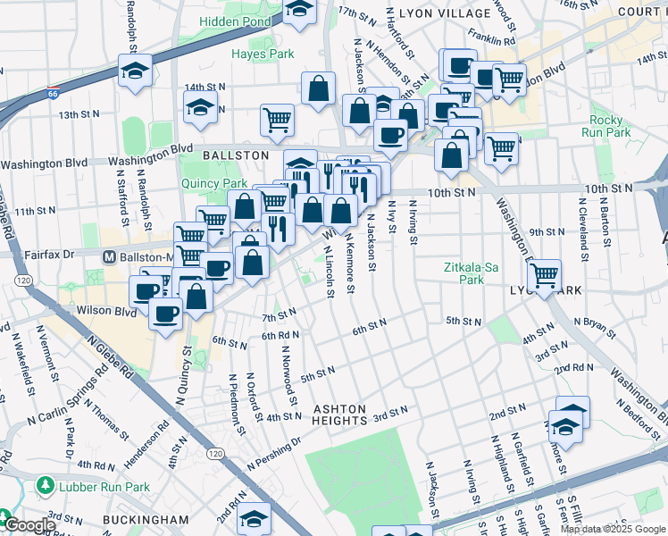 map of restaurants, bars, coffee shops, grocery stores, and more near 807 North Lincoln Street in Arlington