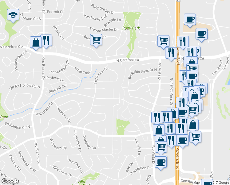 map of restaurants, bars, coffee shops, grocery stores, and more near 3425 Whimsical Court in Colorado Springs