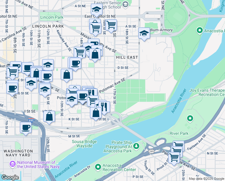 map of restaurants, bars, coffee shops, grocery stores, and more near 101 Independence Avenue Southeast in Washington