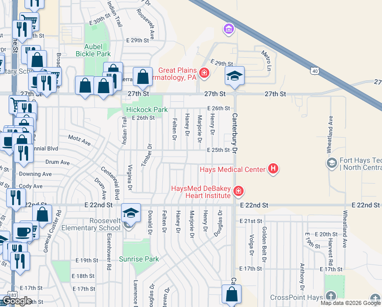 map of restaurants, bars, coffee shops, grocery stores, and more near 1900 East 25th Street in Hays