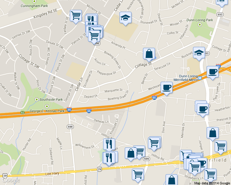 map of restaurants, bars, coffee shops, grocery stores, and more near 8511 Marquette Street in Vienna