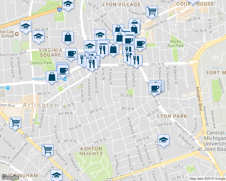 map of restaurants, bars, coffee shops, grocery stores, and more near 711 North Irving Street in Arlington
