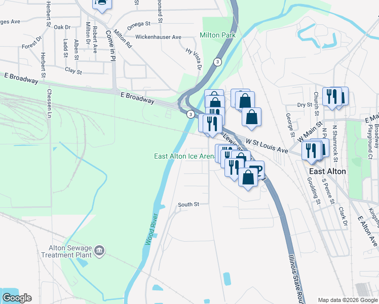 map of restaurants, bars, coffee shops, grocery stores, and more near 839 Pine Street in East Alton