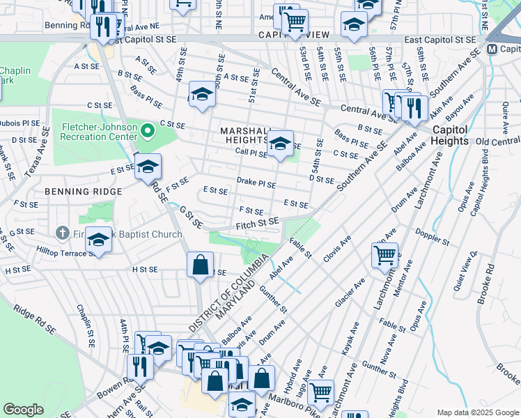 map of restaurants, bars, coffee shops, grocery stores, and more near 5212 F Street Southeast in Washington